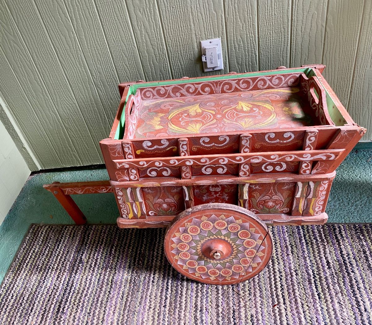 Costa Rican ox cart-hand painted, has removal tray, bar, teacart 