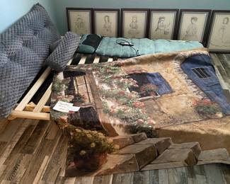 wall tapestry on natural wood platform for mattress 