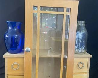 Tabletop Curio Display Cabinet WBlue Vase Vintage Homestead Creamery Milk Bottle