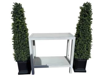 ThreePiece Entryway Set White Two Tier Console Table and Matching Pair of Faux Boxwood Topiary Pla