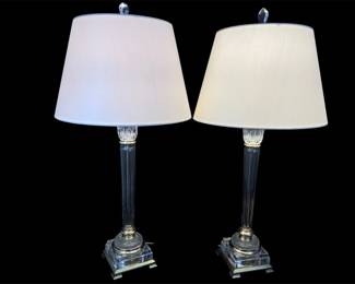 Pair of Neoclassical, Crystal Column Table Lamps Brass and Fluted Glass