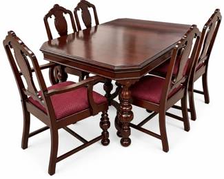 Vintage Antique Jacobean Revival Style Dark Wood Dining Table and 5 Matching Chairs
