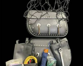Pair of LeatherLyke Motorcycle Saddlebags Filled with Misc. Items