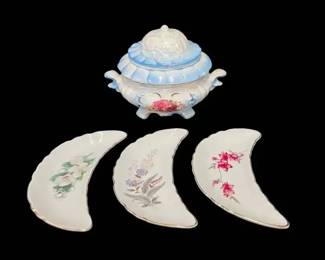 Vintage Iridescent Blue and White Lusterware Ceramic Footed Soup Tureen, Set of 3 Bone Dishes
