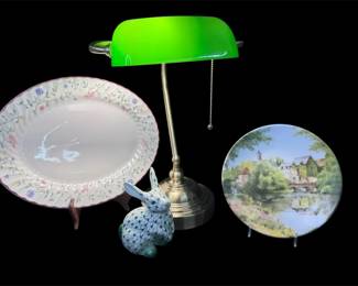 Vintage and Retro Four Piece Estate Decor, Bundle Retro Bankers Lamp, Sade, Fishnet, Bunny, Fine C