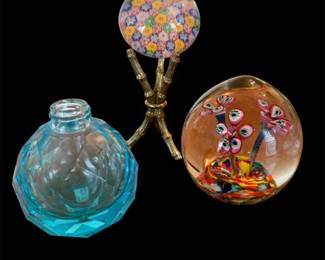 Two Murano Millefiori Paperweights and One I Rice Aqua Blue Perfume Bottle Bottom