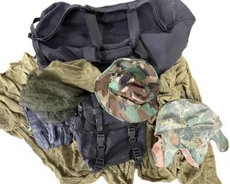 Tactical Gear Camo Mesh Scarves, Head Net, Leather Gloves Large Canvas Duffel