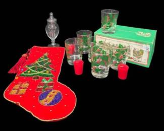Indiana Glass Holiday Double on the Rocks Glasses and Apothecary Jar