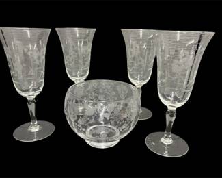 Vtg. Cambridge Rose Point Bowl 4 Floral Etched Wine Glasses