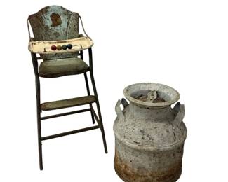 Vintage 1950s Metal Doll High Chair and Weathered Milk Can