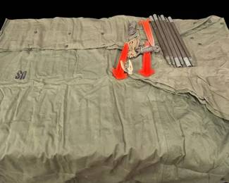 Vintage US Military Canvas Shelter 2 Half Pup Tents with Rope and Metal Stakes