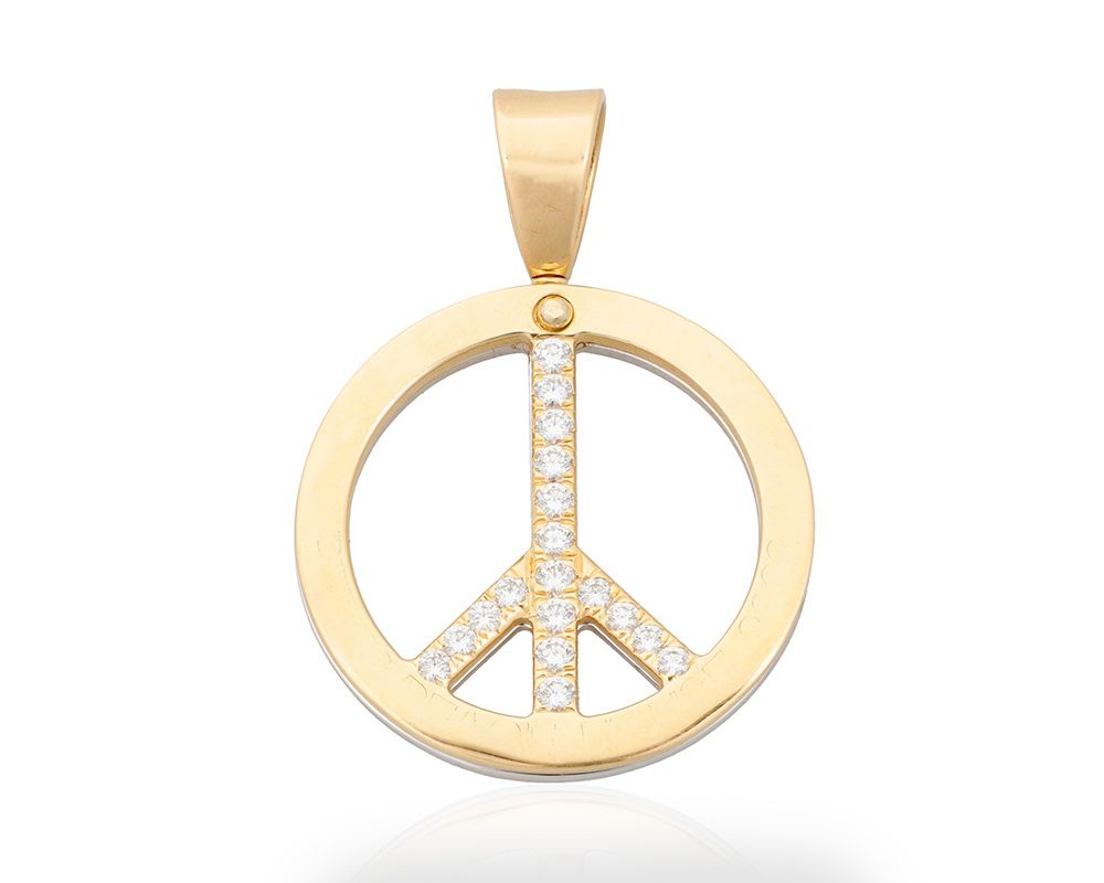 1001 An 18K Gold and Diamond Pendant Of a double-sided peace sign motif featuring thirty-six round diamonds weighing approximately 1.44 carats, with French assay marks  Measures: 1 3/4 x 1 1/4 in. 16.5 grams gross Estimate: $2,500 - $3,500