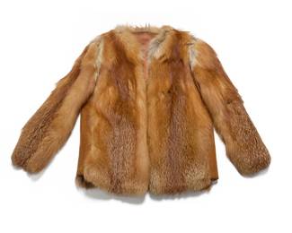 1258 A Vintage Fox Fur Jacket Mid/late 20th century A cropped jacket with russet fur and tan suede to sides and under sleeves, with tonal russet brown satin lining and three fur hooks to center front  No size tag; length: 24 1/2 in.; back width at underarms: 21 in.; back width at shoulders: 16 in.; sleeves: 22 1/2 in. Estimate: $150 - $250