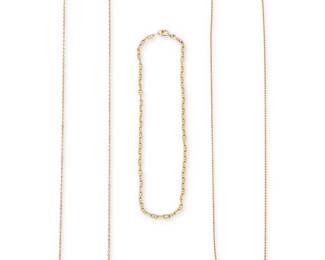 1092 A Group of 14K Gold Chains Including a mariner link chain, one rope chain and one fancy link chain 3 pieces  Lengths: 16 in., 25 1/2 in. and 30 1/4 in. 26.8 grams gross Estimate: $1,500 - $2,000