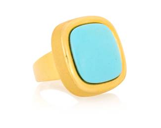 1003 An 18K Gold and Turquoise Ring Centering a rounded square turquoise cabochon, set in a satin finish frame  Size: 8 13.4 grams gross Estimate: $1,500 - $2,000