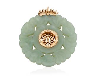 1128 An 18K Gold and Jade Pendant Featuring a carved jade disc accented by textured gold elements  Measures: 2 1/2 x 2 1/4 in. 38.3 grams gross Estimate: $500 - $700