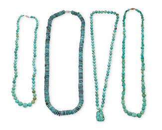 1130 A Group of Chinese Turquoise Necklaces Featuring round, nugget and rondelle beads 4 pieces  Lengths: 24 in.,30 in.,33 in., and 32 in. 517.6 grams gross Estimate: $300 - $500