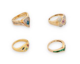 1098 A Group of Four Gold and Gem-Set Rings Including three 14k gold rings featuring emeralds, pink sapphires, a sapphire and diamonds together with an 18k gold, gem-set and diamond ring 4 pieces  Size: 4, 5 1/2 and 6 1/2 15.9 grams gross Estimate: $1,000 - $1,500