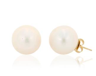 1010 A Pair of Gold and South Sea Cultured Pearl Earrings Featuring two south sea cultured pearls measuring approximately 15.45 and 15.22 mm 2 pieces  Measures: 5/8 in. 10.7 grams gross Estimate: $700 - $900