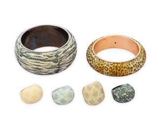 1186 Pesavento: A Group of 'Polvere Di Sogni' Sterling Silver Jewelry Featuring two chunky domed bangle bracelets, one with leopard pattern 'polvere' powdered glitter on rose gold-plated sterling silver, and one larger with green and white tiger/zebra pattern polvere on darkened sterling silver, as well as four sterling silver polvere domed cocktail rings. including two in silver and darkened silver with green and white floral patterns, and two rose-gold plated rings, one in floral pattern and one plain pink and gold polvere glitter, each signed and with Italian assay marks 6 pieces  Bangles: 8 1/4 in. & 8 in. inner C.; Ring sizes: 8, 7 1/2, & 7 259.7 grams gross Estimate: $600 - $800