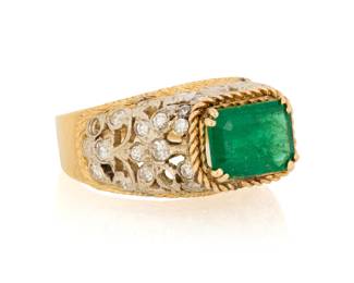 1168 A Bi-Color Gold, Emerald and Diamond Ring Centering a cut-cornered rectangular step-cut emerald measuring approximately 8.99 x 6.80 x 4.58 mm, accented by single-cut diamonds  Size: 7 7.0 grams gross Estimate: $2,500 - $3,500