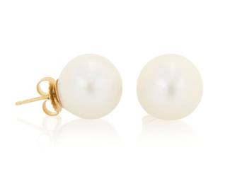 1160 A Pair of 14K Gold and South Sea Cultured Pearl Earrings Featuring two South Sea cultured pearls measuring approximately 12.78 and 12.89 mm 2 pieces  Measures: 1/2 in. 6.3 grams gross Estimate: $500 - $700