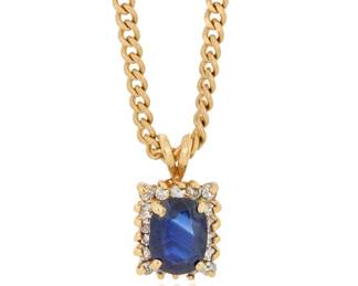 1158 A 14K Gold, Sapphire and Diamond Necklace Suspending a rectangular-shaped pendant featuring an oval sapphire weighing approximately 2.05 carats, encircled by single-cut diamonds  Length: 18 1/2 in. 12.6 grams gross Estimate: $800 - $1,200