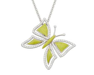 1143 An 18K White Gold, Enamel and Diamond Pendant Necklace Featuring an open link chain suspending a butterfly motif pendant accented by bright green enamel and round diamonds weighing approximately 1.38 carats  Chain: 16 in., Pendant; 1 1/2 in. 12.5 grams gross Estimate: $1,500 - $2,000
