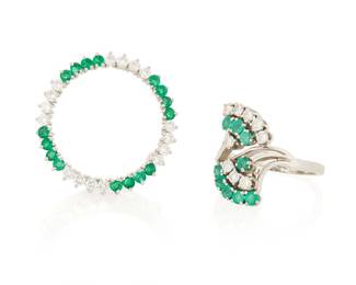 1041 A Group of Platinum, 18K White Gold and Gem-Set Jewelry Including a platinum circular brooch set with alternating round-cut emeralds and round brilliant-cut diamonds, and an 18k white gold bypass-style ring set with emeralds and round brilliant-cut diamonds 2 pieces  Ring: 6.5, Brooch: 1 x 1 in. 11.7 grams gross Estimate: $1,500 - $2,000