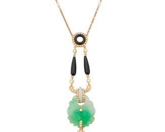 1182 A 14K Gold and Hardstone Necklce Featuring a seed pearl station chain suspending a double fish carved jade elements, accented by onyx and seed pearls  Length: 19 in., Drop: 3 1/2 in. 14.8 grams gross Estimate: $2,200 - $2,800