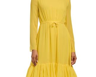 1232 Giambattista Valli: A Yellow Silk Cocktail Dress Circa 2020s The lemon yellow silk crepe georgette dress with a fitted gathered waist, long sleeves and a ruffle hem with gathered tulle inner layer, fully lined in yellow silk crepe, and with an invisible back zip Label: Giambattista Valli / Paris / Made in Italy  Size 42 IT / US 6-8 Measurements: CB length: 40 in.; bust across front: 18 in.; waist across front: 14 in.; sleeves: 24 1/2 in. Estimate: $400 - $600