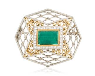 1043 A Platinum, Gold, Emerald and Diamond Brooch Featuring an ornate lattice frame centering a rectangular mixed-cut emerald accented by French-cut diamonds  Measures: 1 1/4 x 1 1/4 in. 10.6 grams gross Estimate: $1,800 - $2,500