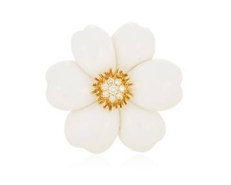 1153 An 18K Gold and Hardstone Brooch Of a floral design featuring petals of carved white hardstone, centering eight round diamonds  Measure: 1 7/8 in. 32.4 grams gross Estimate: $1,800 - $2,200