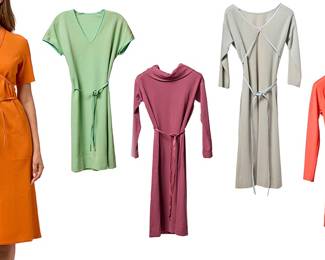 1263 Bonnie Cashin for Sills: Five Vintage Wool & Leather Dresses Circa 1960s-1970s Each with label: Sills / A Bonnie Cashin Design  An orange wool jersey short sleeved dress with tonal orange leather trim and tie belt, raglan sleeves, side front pockets, and brass turnkey clasp closure to center front No size label: CB length: 45 1/2 in.; sleeves (from collar): 15 in.; across back at underarms: 19 in.  Four wool jersey dresses, each with tonal leather trim and tie belts, in various styles, three with side pockets, and in various colors including purple, pale green, pale blue, and orange-red wool Largest (purple): CB length: 43 1/4 in.; sleeves (from collar): 27 in.; across back at underarms: 21 in. Smallest (green): CB length: 36 1/2 in.; sleeves (from collar): 10 1/2 in.; across back at underarms: 19 in.  5 pieces Estimate: $300 - $500