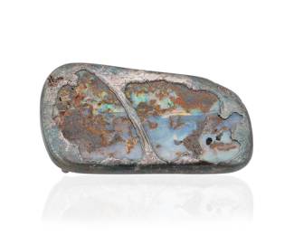 1191 A Sterling Silver and Boulder Opal Buckle Of a molten organic design featuring two boulder opal elements  Measures: 2 3/4 x 1 3/4 in. 57.7 grams gross Estimate: $500 - $700