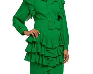 1233 Michael Kors: A Kelly Green Silk Georgette Ruffle Dress Circa 2019 The bright green silk crepe dress with button-front long sleeved bodice with ruffled shoulders and long tie neck collar, and with multiple tiers of ruffles to fitted shaped skirt, with side zipper and wide self-covered belt Label: Michael Kors Collection / Made in Italy 2 pieces  Size 6 Measurements: Dress: CB length: collar to waist: 16 in., collar to hem: 43 in.; bust across front: 18 1/2 in.; waist across front: 14 1/2 in.; hips across back: 19 in.; sleeves: 25 1/2 in. Belt: 35 1/4 in. L x 3 3/8 in. H; length to holes: 26.5 in. to 30.5 in. Estimate: $300 - $500