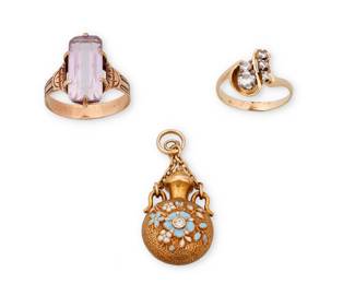 1111 A Group of Gold Jewelry Including a 9k gold and amethyst ring, a 12k gold and diamond ring and a 10k gold, enamel and diamond vessel pendant 3 pieces  Rings: 5 1/4 and 7 1/2, Pendant: 1 1/4 x 1/2 in. 8.9 grams gross Estimate: $700 - $900