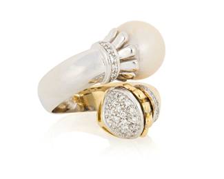 1081 An 18K Bi-Color Gold, Cultured Pearl and Diamond Ring Of a crossover design featuring a single cultured pearl measuring approximately 11.60 mm, accented by round diamonds, with Italian workshop marks  Size: 5 15.8 grams gross Estimate: $1,800 - $2,200