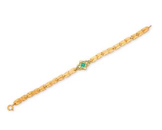 1021 An 18K Gold and Emerald Bracelet Featuring foliate motif links, centering a green enamel element highlighting a single square step-cut emerald  Length: 6 1/2 in. 14.6 grams gross Estimate: $2,500 - $3,500