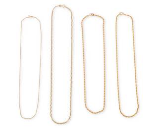 1023 A Group of 14K Gold Chains Including four various chains  Lengths: 21 in., 19 in., 18 in. and 18 in. 35.9 grams Estimate: $2,000 - $3,000