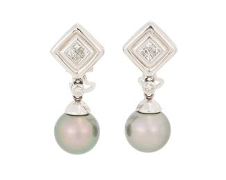 1068 A Pair of White Gold, Diamond, and Colored Cultured Pearl Earrings Featuring two Tahitian cultured pearls measuring approximately 10.80 mm, accented by princess-cut and round diamonds 2 pieces  Measures: 1 1/4 in. 10.0 grams gross Estimate: $800 - $1,200
