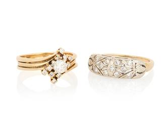 1110 Two 14K Gold and Diamond Rings One featuring bi-color gold set with a round diamond together with a ring featuring a cluster motif of round diamonds 2 pieces  Sizes: 6 3/4 and 7 in. 6.7 grams gross Estimate: $600 - $800