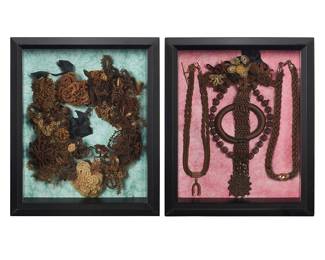 1050 Two Mourning Jewelry Shadow Boxes Including a multigenerational wreath of hair flowers, together with a collage of hair jewelry including a brooch, three watch chains, two bracelets 2 pieces  Wreath: 10 x 7 in., Watch Chains: 15 in. and 16 in., Brooch: 4 x 2 in., Bracelet: 7 in. Estimate: $600 - $800