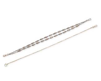 1208 Two Sterling and 14K Gold Watch Chains Including a sterling silver chain with flower motifs accented by 10k gold, together with a 14k white gold bar link chain 2 pieces  Lengths: 13 1/2 in., and 22 1/2 in. 36.1 grams Estimate: $600 - $800
