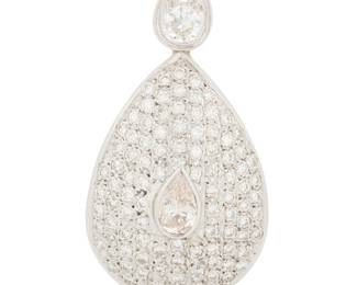 1070 A 14K White Gold and Diamond Pendant Of a drop design centering a pear-shaped diamond accented by round diamonds weighing approximately 3.00 carats  Measures: 1 1/2 x 7/8 in. 6.8 grams gross Estimate: $1,200 - $1,800