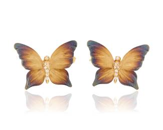 1162 An 18K Gold and Enamel Butterfly Brooch Of a butterfly design featuring an ombre patina accented by round diamonds, signed JY 2 pieces  Measures: 5/8 x 5/8 in. 6.3 grams gross Estimate: $1,000 - $1,500