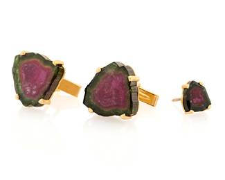 1009 A Group of 14K Gold and Watermelon Tourmaline Jewelry Including a pair of cuff links and a tie pin all featuring a slice of watermelon tourmaline 3 pieces  Cufflinks: 3/4 in., Tie Pin: 1/2 in. 23.8 grams gross Estimate: $700 - $900