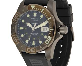 1064 Victorinox: A Stainless-Steel 'Swiss Army Dive Master 500' Watch Dial: 30.00 mm, black with Diver hour markers Case: 45.00 mm Case number: 091157156 Closure: black rubber strap with buckle clasp Signed: dial and case  Inner circumference: 7 - 8 in. 134.5 grams gross Estimate: $1,200 - $1,800