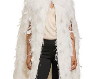 1251 Huishan Zhang: A White Feather Cape Jacket Circa 2021 A round neck white polyester-mix cape with diamond pattern embroidery and applied ostrich feathers overall, with side arm openings and a full silk lining, with four center front hook fasteners Label: Huishan Zhang / China  Size 4 Measurements: CB length: 36 in.; 40 in. with feathers; across shoulders at back: 19 1/4 in. Estimate: $300 - $500
