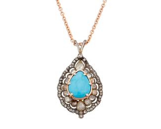 1132 A Silver Topped-Gold, Turquoise and Diamond Pendant Necklace Of a drop design centering a pear-shaped turquoise cabochon, encircled by rose-cut diamonds in an ornate frame, suspended from a rose gold chain  Chain: 16 in., Pendant: 1 in. 4.8 grams gross Estimate: $1,000 - $1,500